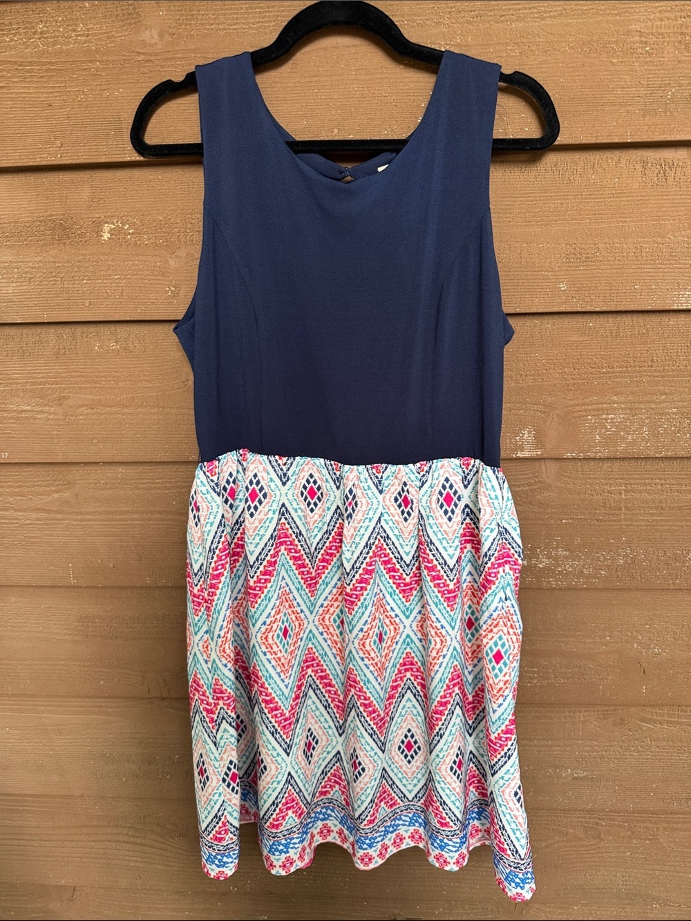 NWT Skies Are Blue Navy Tank Top Midi Dress with Colorful Chevron Skirt size L